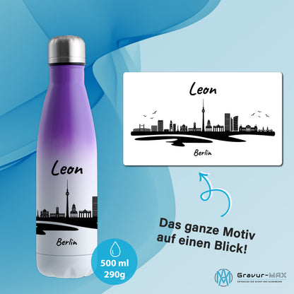 Trinkflasche in Weiß/Violett 500ml aus Edelstahl bedruckt mit der Skyline von Berlin personalisierbar mit Wunschname