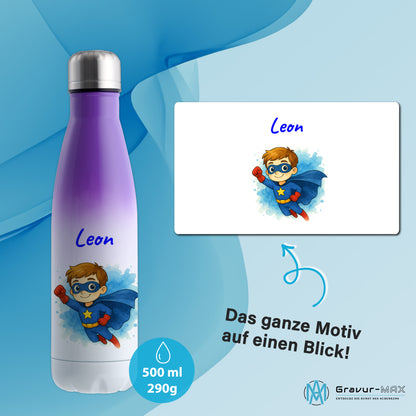 Thermoflasche 500ml in Weiß/Violett bedruckt mit tollen Motiven für Kinder "Superheld" personalisierbar mit Wunschname