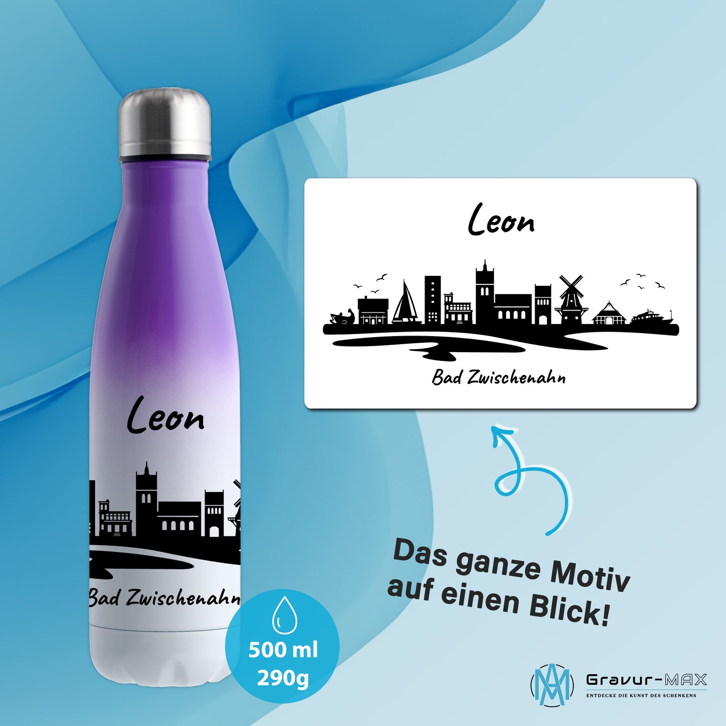 Trinkflasche in Weiß/Violett 500ml aus Edelstahl bedruckt mit der Skyline von Bad Zwischenahn personalisierbar mit Wunschname