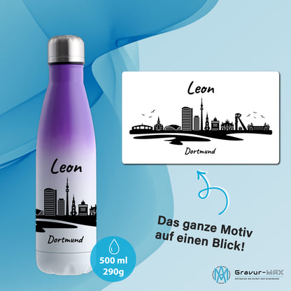 Trinkflasche in Weiß/Violett 500ml aus Edelstahl bedruckt mit der Skyline von Dortmund personalisierbar mit Wunschname