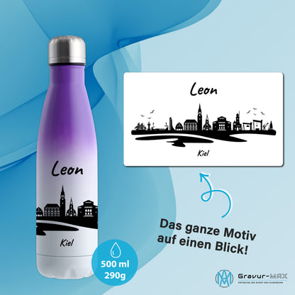 Trinkflasche in Weiß/Violett 500ml aus Edelstahl bedruckt mit der Skyline von Kiel personalisierbar mit Wunschname