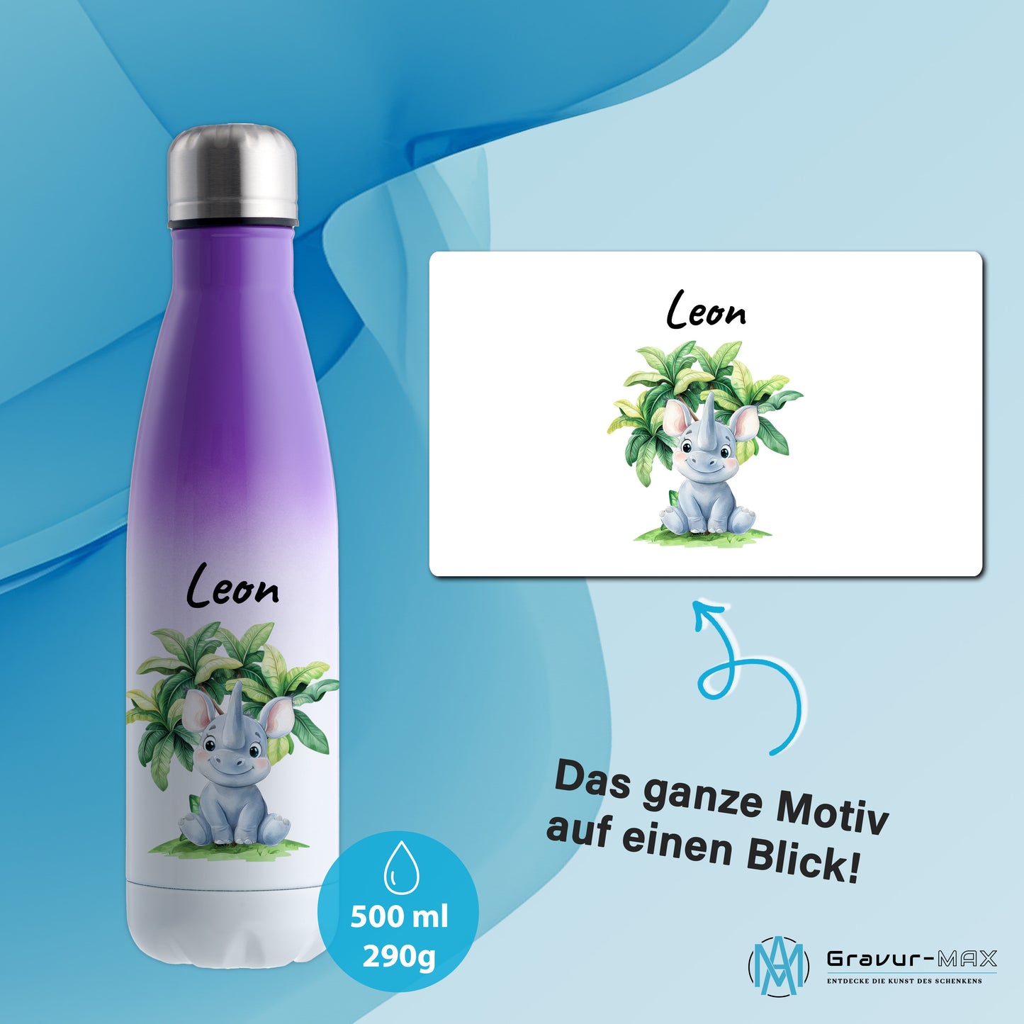 Trinkflasche mit Farbverlauf in Weiß/Violett 500ml aus Edelstahl bedruckt mit Dschungel Tieren"Nashorn" personalisierbar für Kinder mit Wunschname