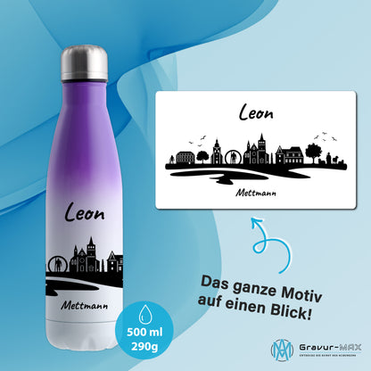 Trinkflasche in Weiß/Violett 500ml aus Edelstahl bedruckt mit der Skyline von Mettmann personalisierbar mit Wunschname