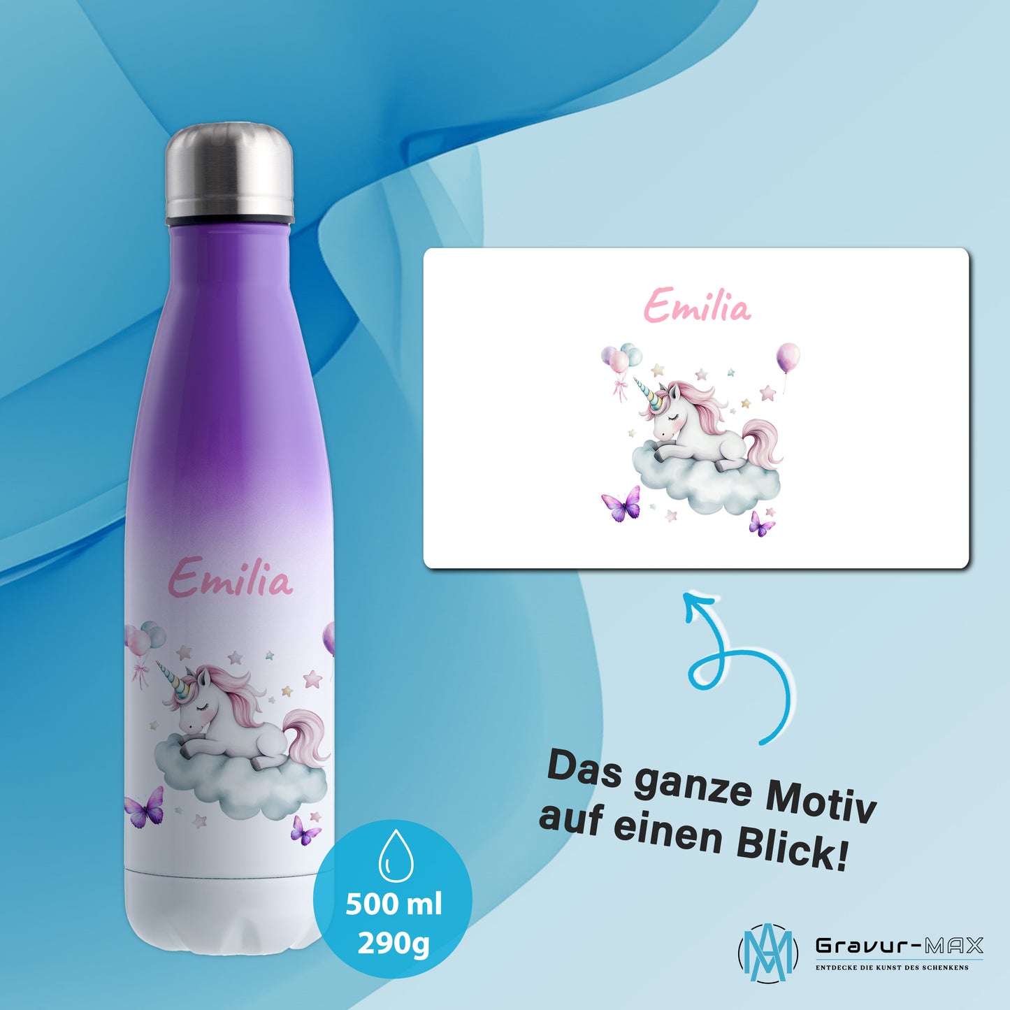 Thermoflasche 500ml in Weiß/Violett bedruckt mit tollen Motiven für Kinder "Einhorn Wolke" personalisierbar mit Wunschname