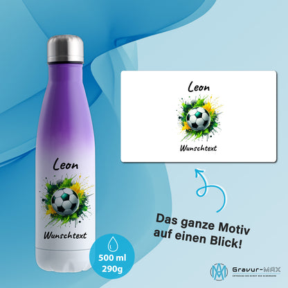 Thermoflasche 500ml in Weiß/Violett aus Edelstahl bedruckt "Fußball" Motiv11 personalisierbar mit Wunschname & Text