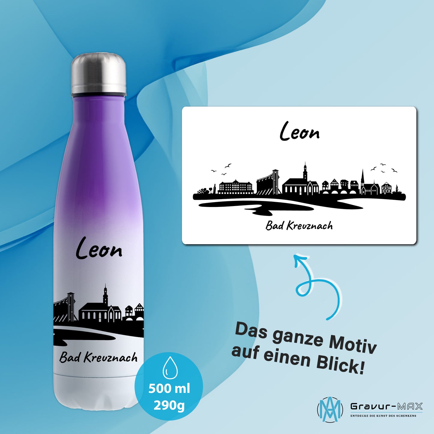 Trinkflasche in Weiß/Violett 500ml aus Edelstahl bedruckt mit der Skyline von Bad Kreuznach personalisierbar mit Wunschname