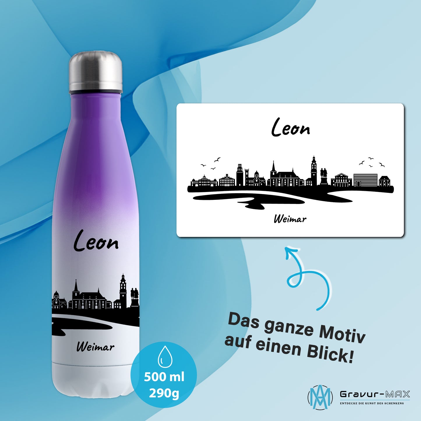 Trinkflasche in Weiß/Violett 500ml aus Edelstahl bedruckt mit der Skyline von Weimar personalisierbar mit Wunschname