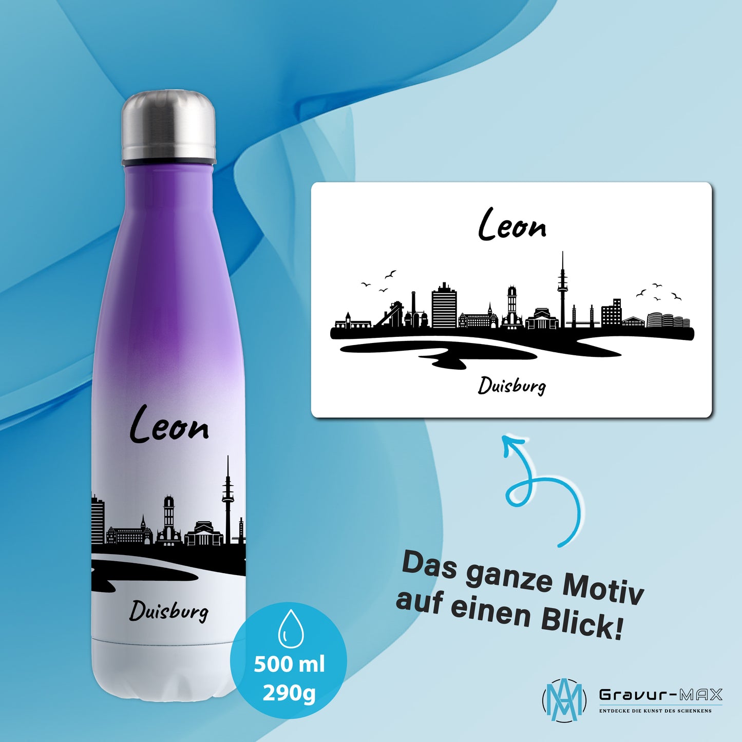 Trinkflasche in Weiß/Violett 500ml aus Edelstahl bedruckt mit der Skyline von Duisburg personalisierbar mit Wunschname
