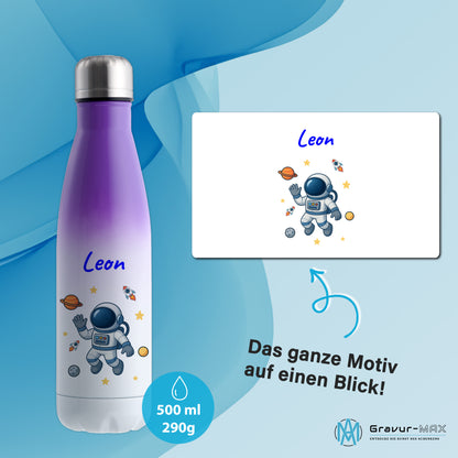 Thermoflasche 500ml in Weiß/Violett bedruckt mit tollen Motiven für Kinder "Astronaut" personalisierbar mit Wunschname