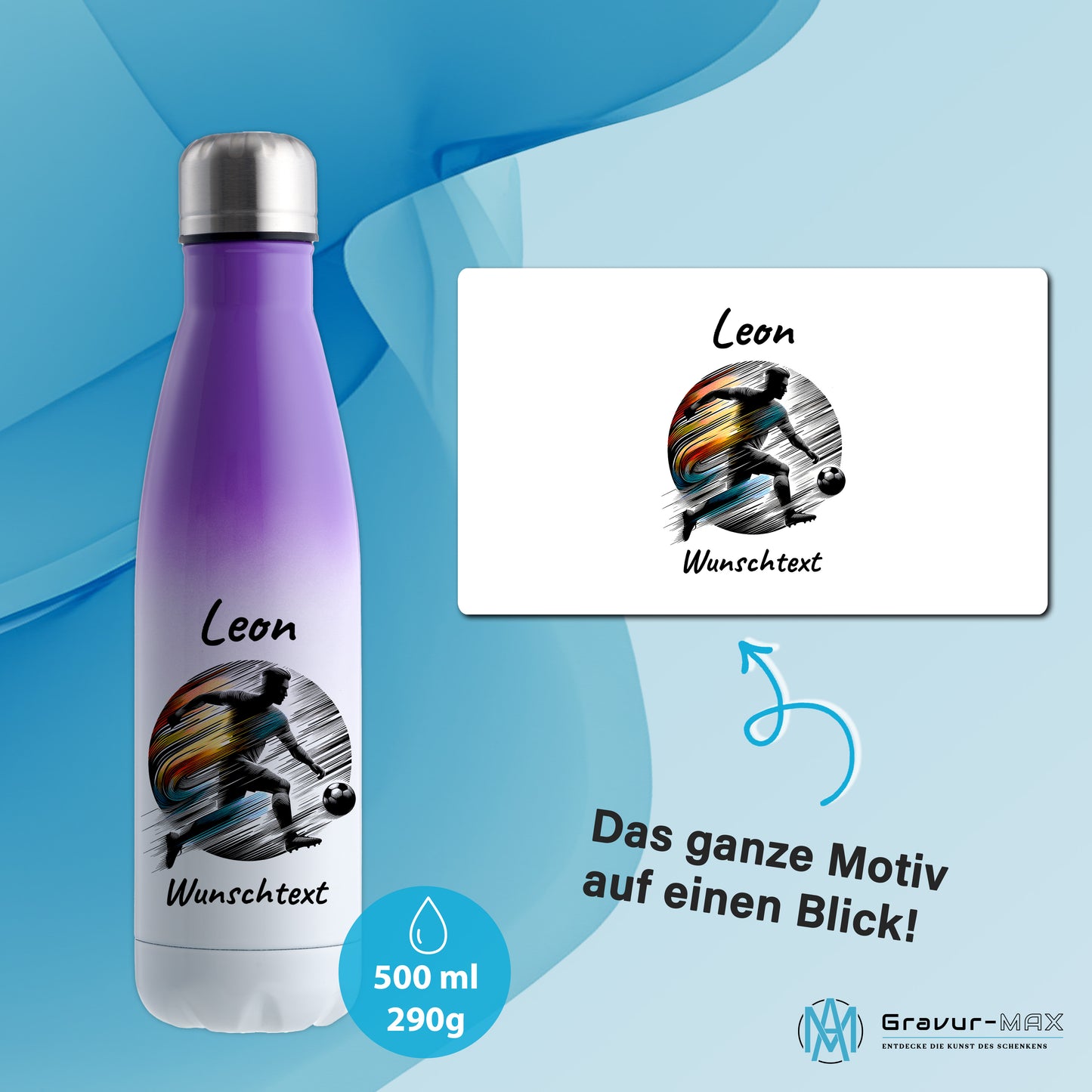 Thermoflasche 500ml in Weiß/Violett aus Edelstahl bedruckt "Fußball" Motiv2 personalisierbar mit Wunschname & Text