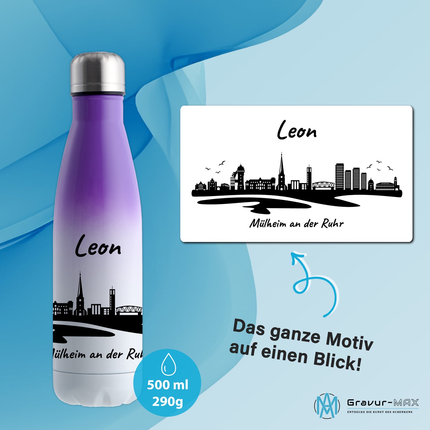Trinkflasche in Weiß/Violett 500ml aus Edelstahl bedruckt mit der Skyline von Mülheim an der Ruhr personalisierbar mit Wunschname
