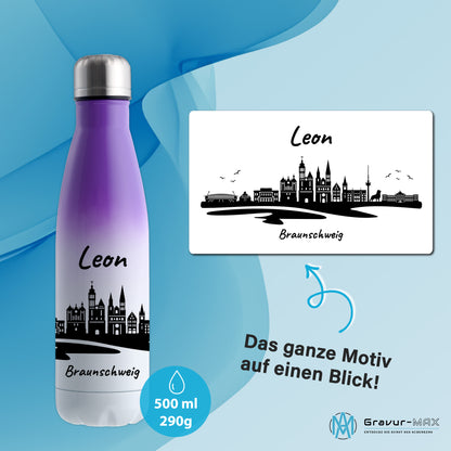 Trinkflasche in Weiß/Violett 500ml aus Edelstahl bedruckt mit der Skyline von Braunschweig personalisierbar mit Wunschname