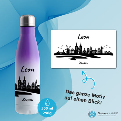 Trinkflasche in Weiß/Violett 500ml aus Edelstahl bedruckt mit der Skyline von Xanten personalisierbar mit Wunschname