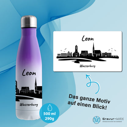 Trinkflasche in Weiß/Violett 500ml aus Edelstahl bedruckt mit der Skyline von Wasserburg personalisierbar mit Wunschname