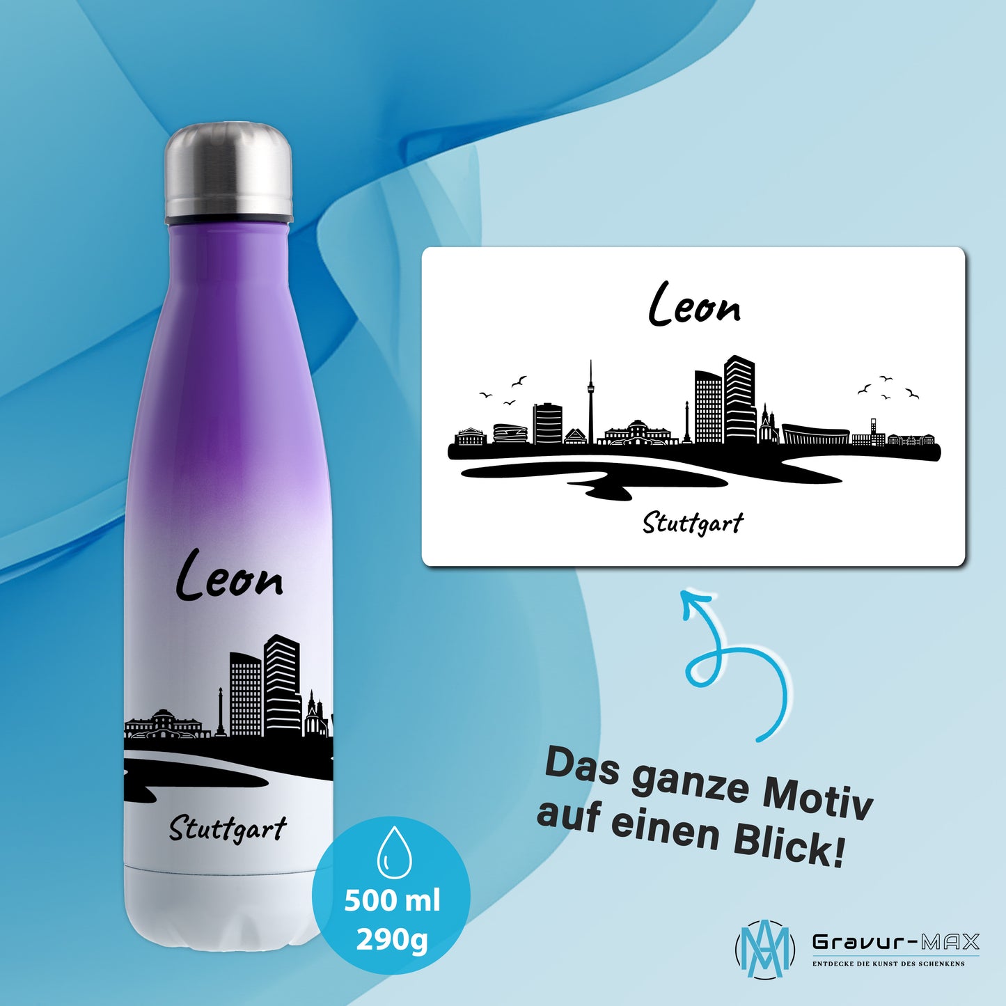 Trinkflasche in Weiß/Violett 500ml aus Edelstahl bedruckt mit der Skyline von Stuttgart personalisierbar mit Wunschname