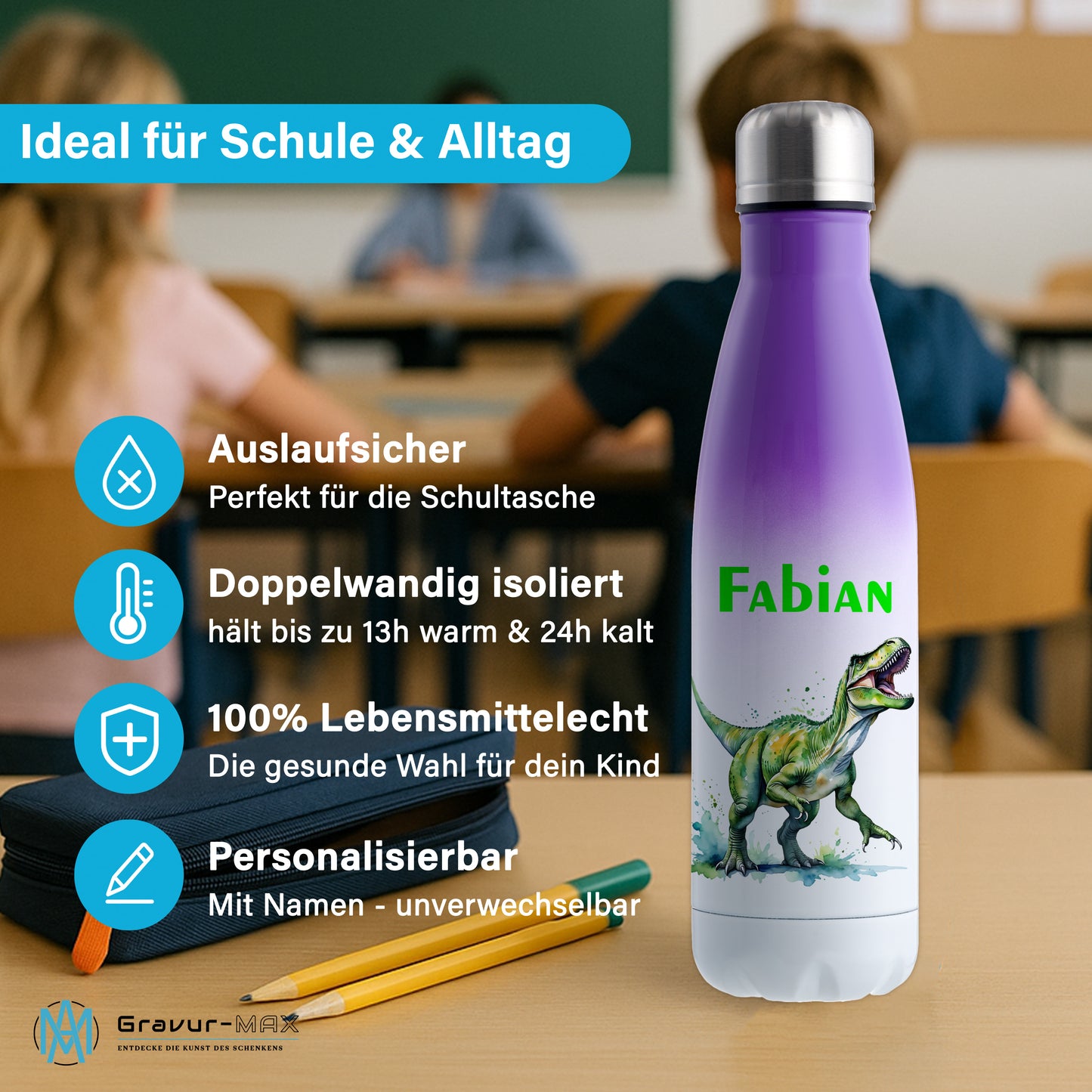 Thermoflasche 500ml in Weiß/Violett bedruckt mit tollen Motiven für Kinder "Dino T-Rex" personalisierbar mit Wunschname