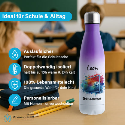 Thermoflasche 500ml in Weiß/Violett aus Edelstahl bedruckt "Fußball" Motiv5 personalisierbar mit Wunschname & Text
