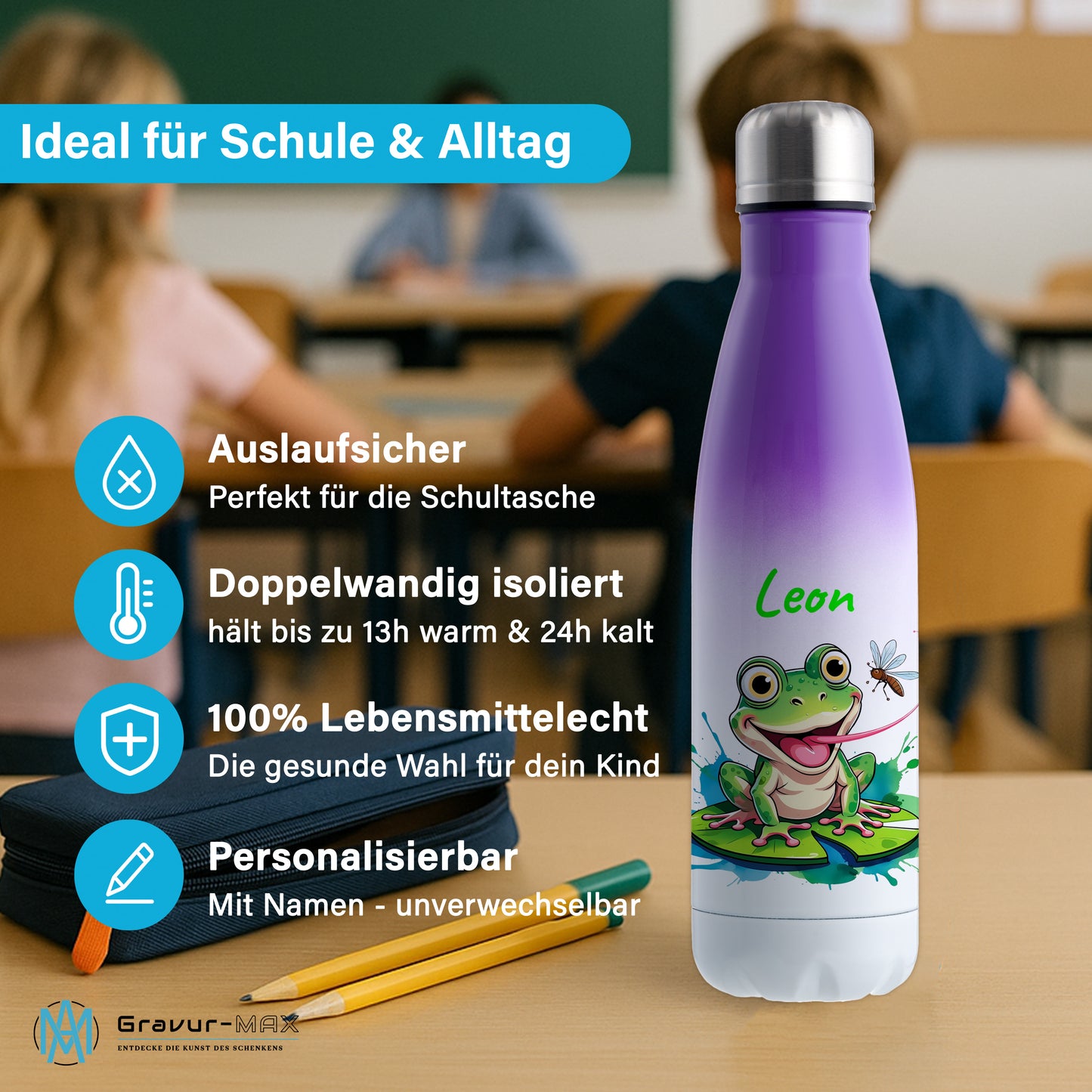 Trinkflasche in Weiß/Violett 500ml aus Edelstahl bedruckt mit niedlichen Tieren "Frosch" personalisierbar für Kinder mit Wunschname