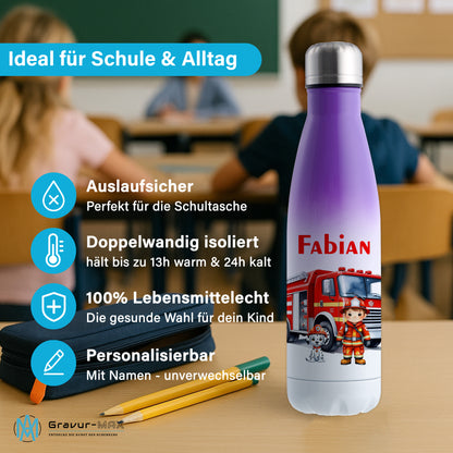 Thermoflasche 500ml in Weiß/Violett bedruckt mit tollen Motiven für Kinder "Feuerwehr" personalisierbar mit Wunschname