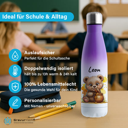 Trinkflasche in Weiß/Violett 500ml aus Edelstahl bedruckt mit niedlichen Tieren "Bär" personalisierbar für Kinder mit Wunschname