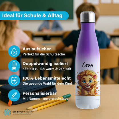 Trinkflasche in Weiß/Violett 500ml aus Edelstahl bedruckt mit niedlichen Tieren "Löwe" personalisierbar für Kinder mit Wunschname