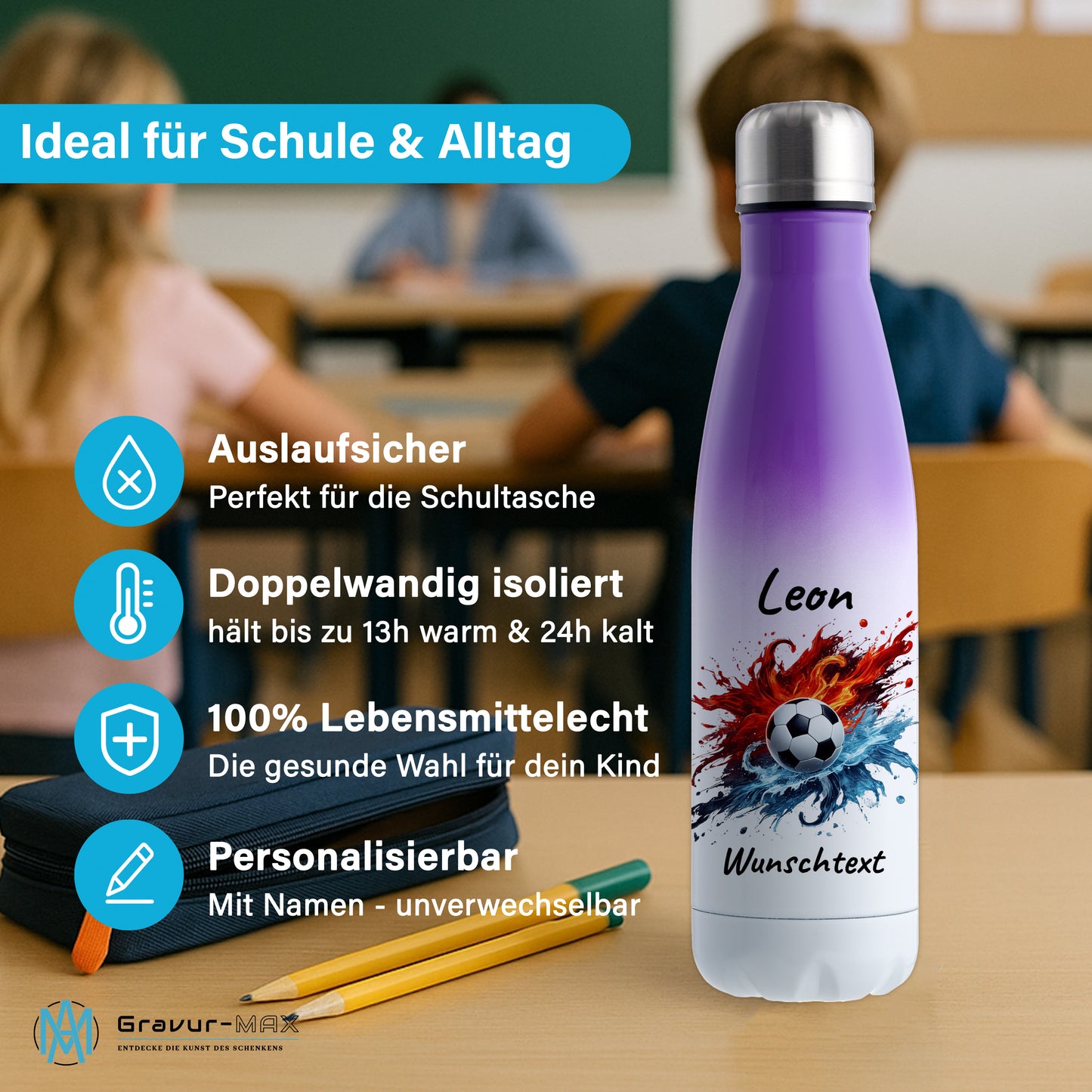 Thermoflasche 500ml in Weiß/Violett aus Edelstahl bedruckt "Fußball" Motiv12 personalisierbar mit Wunschname & Text