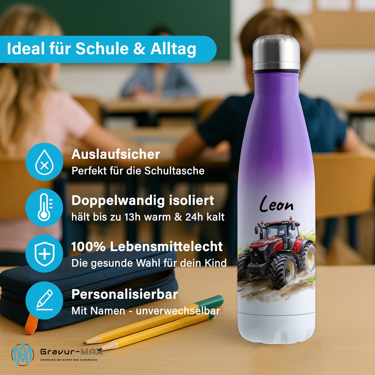 Thermoflasche 500ml in Weiß/Violett bedruckt mit tollen Motiven für Kinder "Traktor" personalisierbar mit Wunschname
