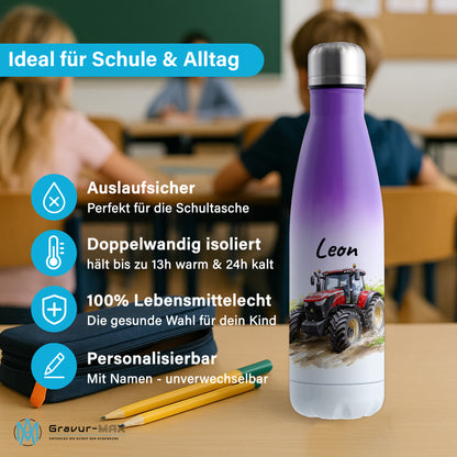 Thermoflasche 500ml in Weiß/Violett bedruckt mit tollen Motiven für Kinder "Traktor" personalisierbar mit Wunschname
