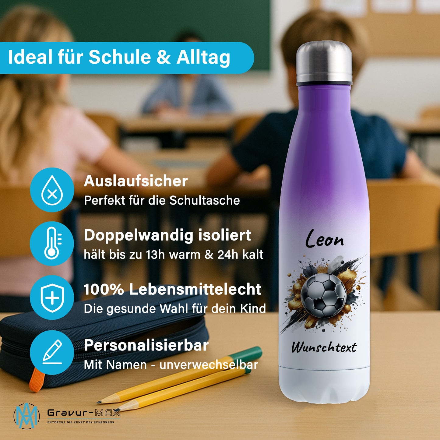 Thermoflasche 500ml in Weiß/Violett aus Edelstahl bedruckt "Fußball" Motiv13 personalisierbar mit Wunschname & Text