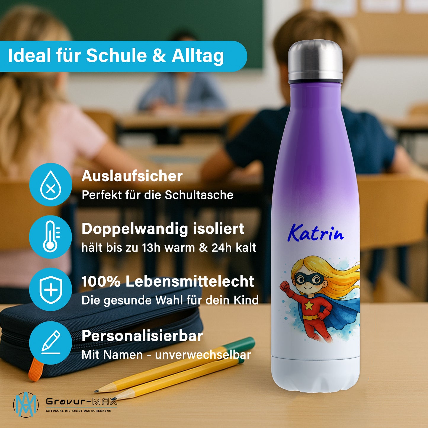 Thermoflasche 500ml in Weiß/Violett bedruckt mit tollen Motiven für Kinder "Superheldin" personalisierbar mit Wunschname