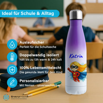 Thermoflasche 500ml in Weiß/Violett bedruckt mit tollen Motiven für Kinder "Superheldin" personalisierbar mit Wunschname