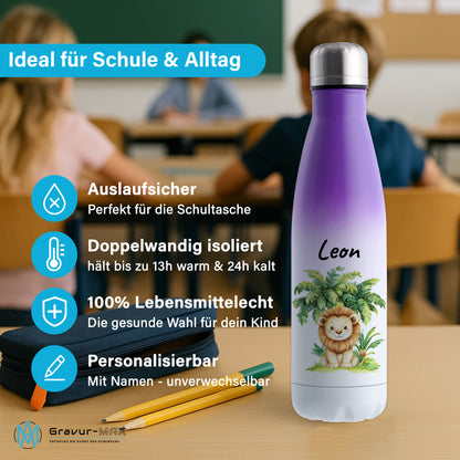 Trinkflasche mit Farbverlauf in Weiß/Violett 500ml aus Edelstahl bedruckt mit Dschungel Tieren"Löwe" personalisierbar für Kinder mit Wunschname