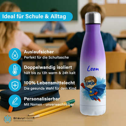 Thermoflasche 500ml in Weiß/Violett bedruckt mit tollen Motiven für Kinder "Superheld" personalisierbar mit Wunschname
