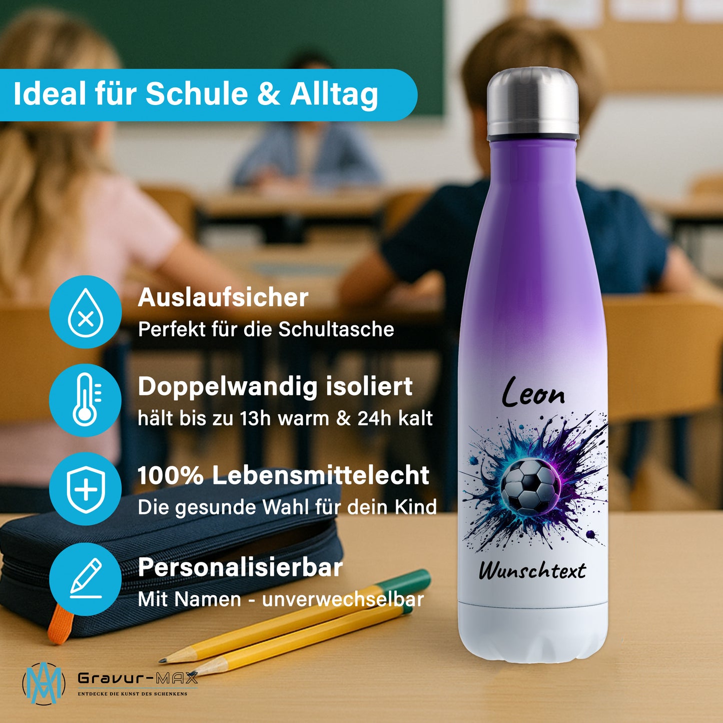 Thermoflasche 500ml in Weiß/Violett aus Edelstahl bedruckt "Fußball" Motiv10 personalisierbar mit Wunschname & Text