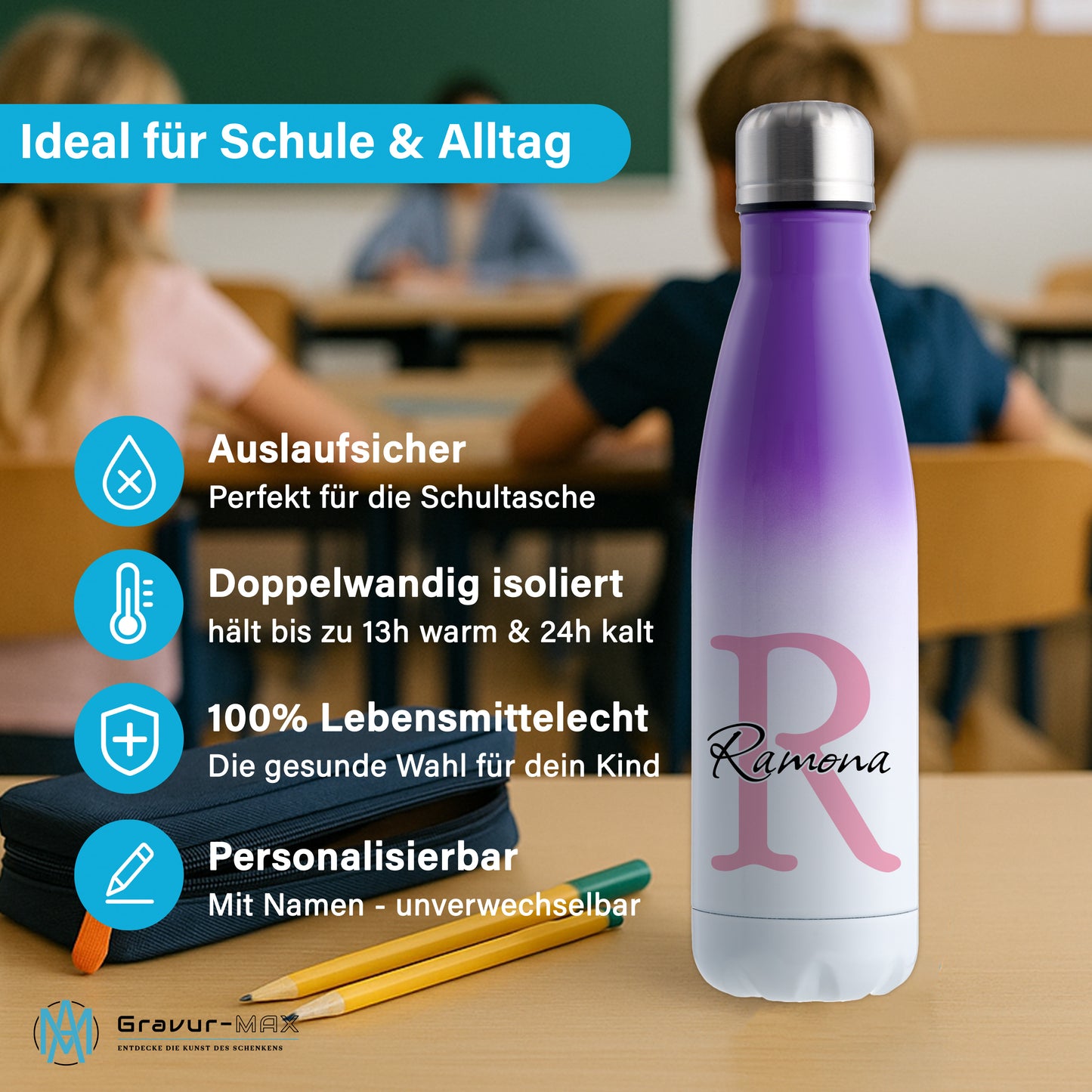 Thermoflasche 500ml aus Edelstahl in Weiß/Violett personalisierbar mit Wunschname auslaufsichere Trinkflasche