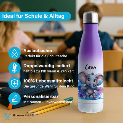 Trinkflasche in Weiß/Violett 500ml aus Edelstahl bedruckt mit niedlichen Tieren "Elefant" personalisierbar für Kinder mit Wunschname