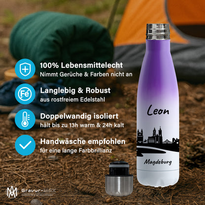 Trinkflasche in Weiß/Violett 500ml aus Edelstahl bedruckt mit der Skyline von Magdeburg personalisierbar mit Wunschname