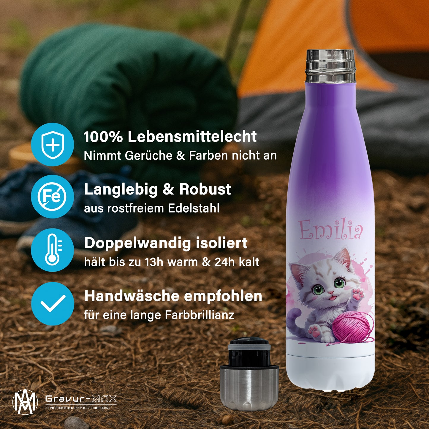 Trinkflasche in Weiß/Violett 500ml aus Edelstahl bedruckt mit niedlichen Tieren "Katze" personalisierbar für Kinder mit Wunschname