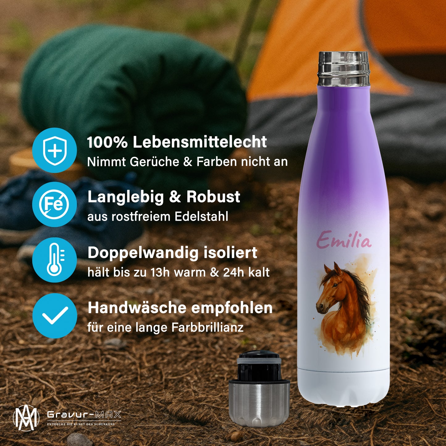 Thermoflasche 500ml in Weiß/Violett bedruckt mit tollen Motiven für Kinder "Pferd" personalisierbar mit Wunschname