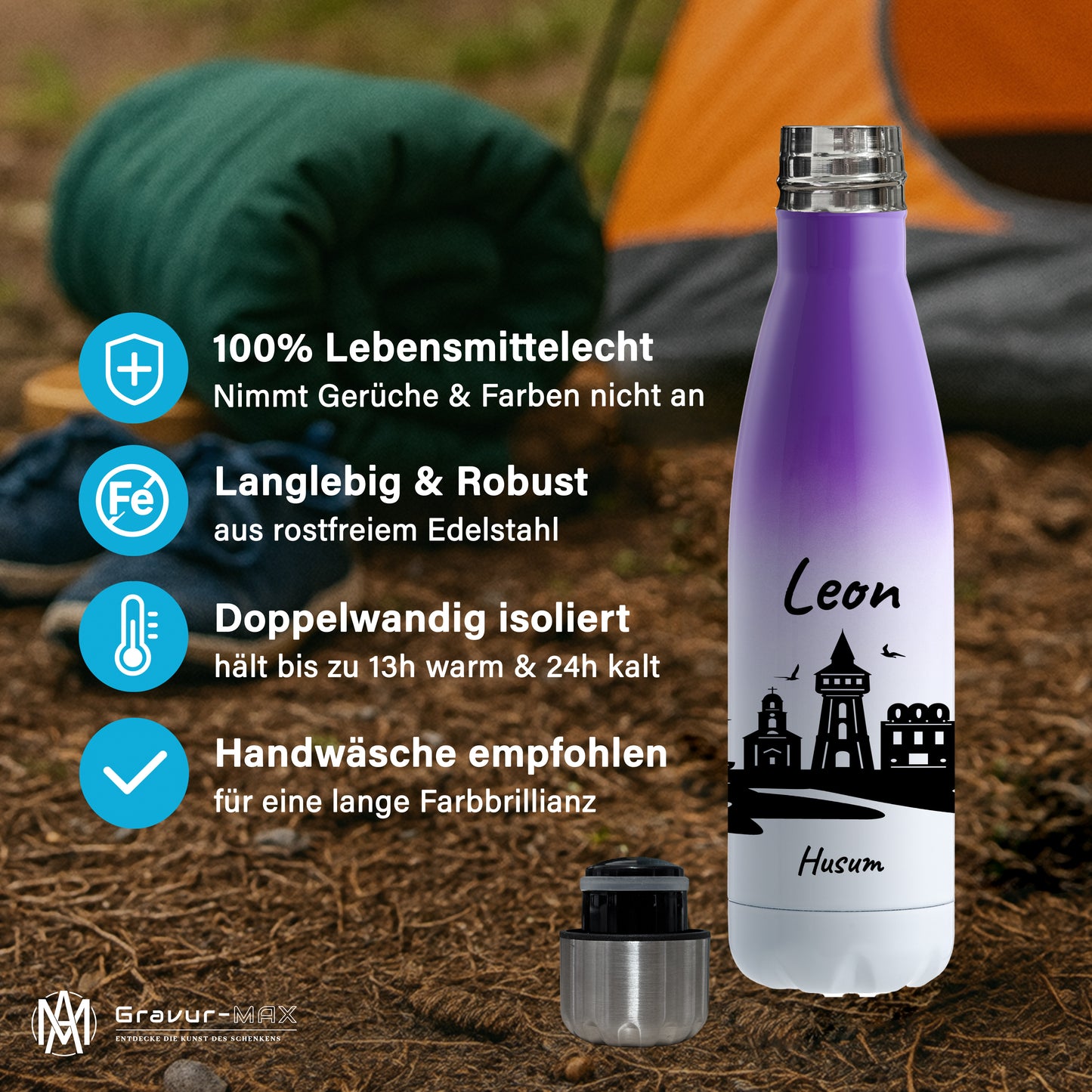 Trinkflasche in Weiß/Violett 500ml aus Edelstahl bedruckt mit der Skyline von Husum personalisierbar mit Wunschname