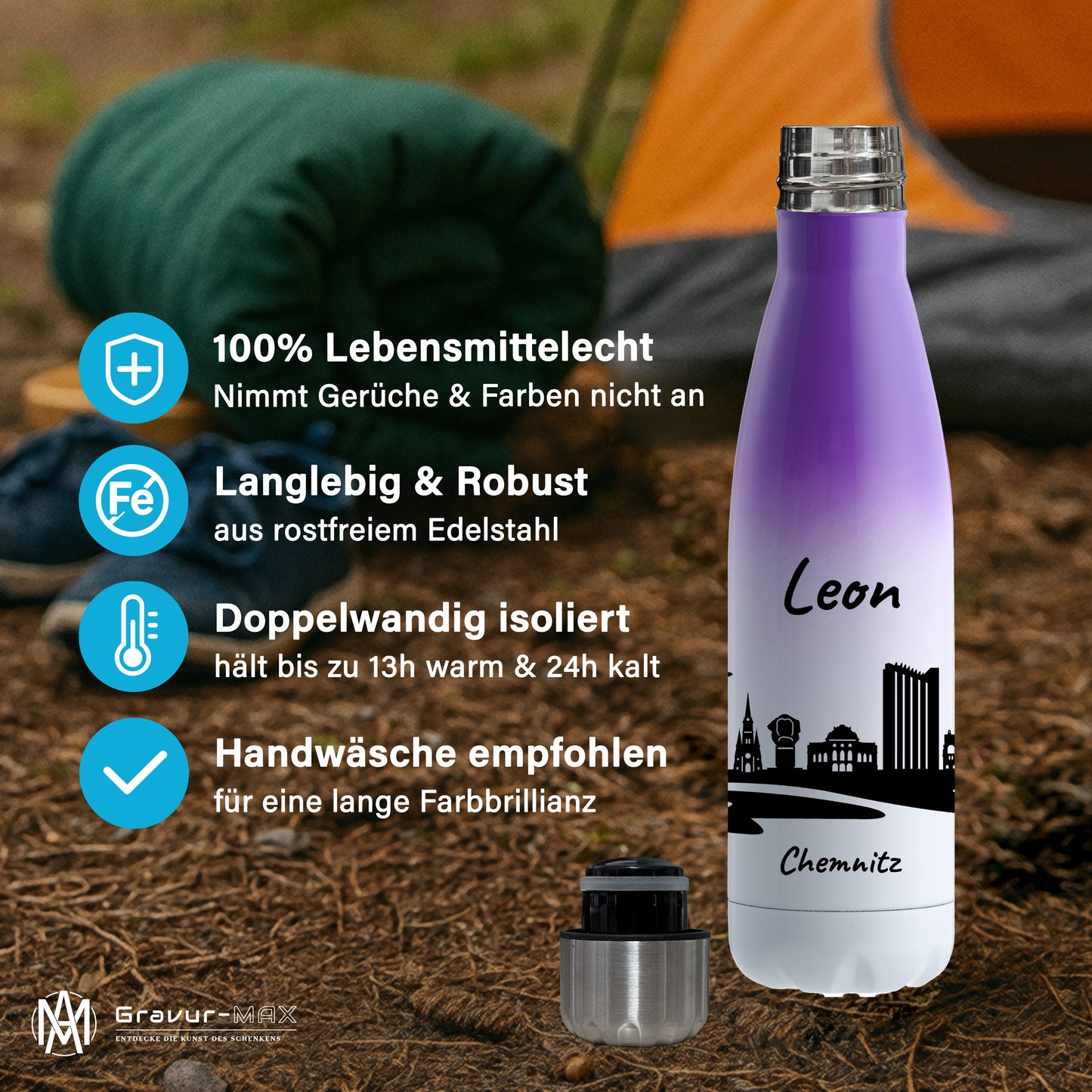 Trinkflasche in Weiß/Violett 500ml aus Edelstahl bedruckt mit der Skyline von Chemnitz personalisierbar mit Wunschname