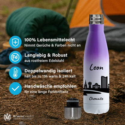 Trinkflasche in Weiß/Violett 500ml aus Edelstahl bedruckt mit der Skyline von Chemnitz personalisierbar mit Wunschname