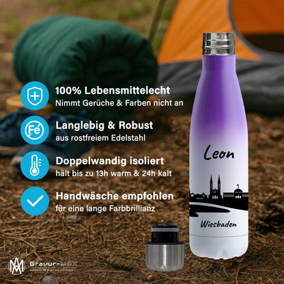 Trinkflasche in Weiß/Violett 500ml aus Edelstahl bedruckt mit der Skyline von Wiesbaden personalisierbar mit Wunschname
