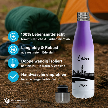 Trinkflasche in Weiß/Violett 500ml aus Edelstahl bedruckt mit der Skyline von Rügen personalisierbar mit Wunschname