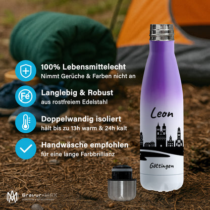 Trinkflasche in Weiß/Violett 500ml aus Edelstahl bedruckt mit der Skyline von Göttingen personalisierbar mit Wunschname