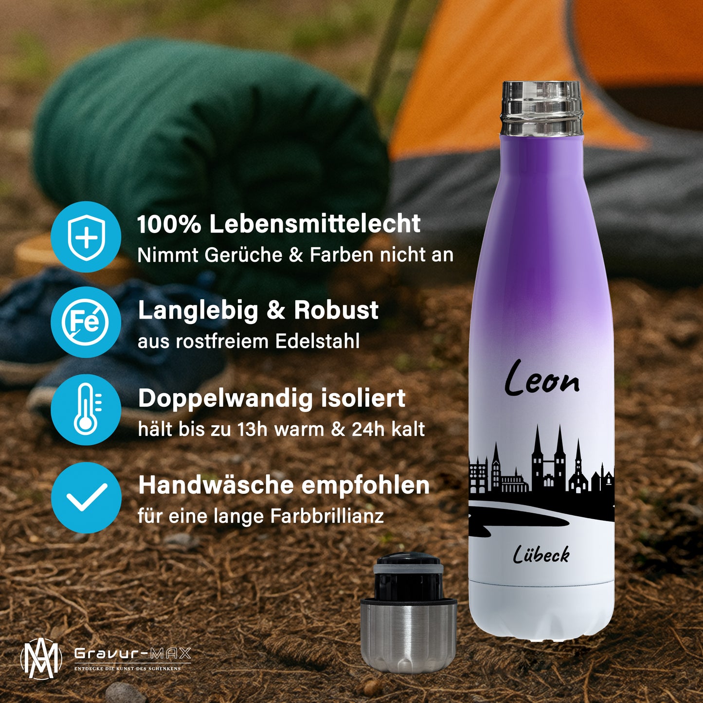 Trinkflasche in Weiß/Violett 500ml aus Edelstahl bedruckt mit der Skyline von Lübeck personalisierbar mit Wunschname