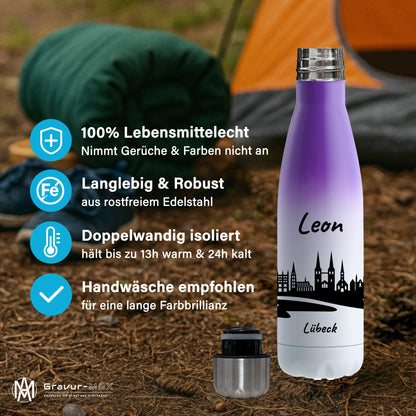 Trinkflasche in Weiß/Violett 500ml aus Edelstahl bedruckt mit der Skyline von Lübeck personalisierbar mit Wunschname