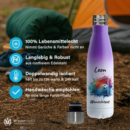 Thermoflasche 500ml in Weiß/Violett aus Edelstahl bedruckt "Fußball" Motiv5 personalisierbar mit Wunschname & Text