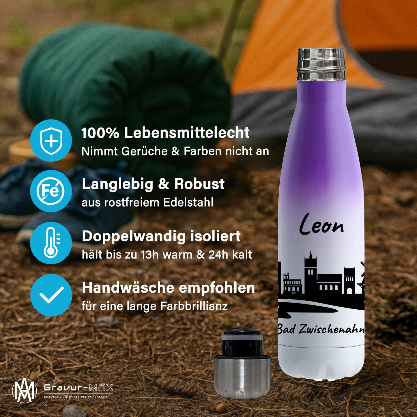 Trinkflasche in Weiß/Violett 500ml aus Edelstahl bedruckt mit der Skyline von Bad Zwischenahn personalisierbar mit Wunschname