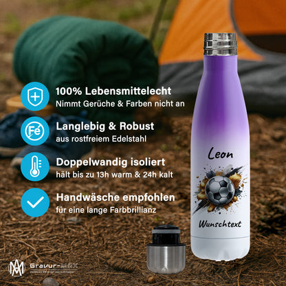 Thermoflasche 500ml in Weiß/Violett aus Edelstahl bedruckt "Fußball" Motiv13 personalisierbar mit Wunschname & Text